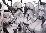  4girls abyssal_ship air_defense_cruiser_princess air_defense_princess blue_eyes breasts cleavage cleavave collarbone dress entombed_air_defense_guardian_princess finger_to_mouth frown grey_dress grey_hood hair_over_one_eye hairband headgear highres horns kantai_collection large_breasts licking licking_finger long_hair looking_at_viewer mizuchi_(mizuchi7118) multiple_girls pale_skin red_eyes sidelocks simple_background smile white_background yellow_eyes 