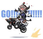  1girl arknights bangs black_gloves black_skirt blue_shirt blush brown_hair chibi commentary_request drill drooling english_text flower flower_on_head full_body gloves green_eyes ground_vehicle horns jacket long_hair motor_vehicle mouth_drool open_mouth outstretched_arm pallas_(arknights) petals pointing raigou riding shirt simple_background skirt solo tail white_background white_jacket 