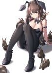  1girl :t animal animal_ears arm_strap ass bare_shoulders black_footwear black_leotard black_pantyhose bow bowtie breasts brown_eyes brown_hair chinese_zodiac cleavage crotch_seam detached_collar fake_animal_ears hair_ornament hairclip high_heels highres knees_up large_breasts leotard long_hair looking_at_viewer original pantyhose playboy_bunny pout rabbit rabbit_ears seero sitting solo strapless strapless_leotard thighs very_long_hair wrist_cuffs year_of_the_rabbit 