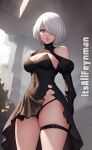  1girl absurdres android artist_name bangs bare_shoulders black_dress black_panties blue_eyes bob_cut breasts cleavage cleavage_cutout closed_mouth clothing_cutout dress hair_over_one_eye highres itsallfeynman lips looking_at_viewer medium_breasts nier_(series) nier_automata outdoors panties short_hair solo string_panties thigh_strap thighs torn_clothes torn_dress underwear white_hair yorha_no._2_type_b 