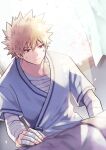  1boy bakugou_katsuki bandaged_arm bandaged_chest bandaged_fingers bandages bangs blonde_hair blurry blurry_foreground boku_no_hero_academia cherry_blossoms closed_mouth falling_petals gauze hair_between_eyes hand_rest highres hospital_gown indoors leaning_forward light looking_at_another male_focus midoriya_izuku multiple_boys open_window out_of_frame petals red_eyes short_sleeves single_horizontal_stripe sitting slouching solo_focus spiked_hair spoilers sunlight twitter_username ume_(326310) window 