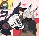  3girls amiya_(arknights) animal_ear_fluff animal_ears arknights belt belt_pouch black_cape black_gloves black_hair black_skirt blaze_(arknights) blue_eyes blush brown_hair brown_pantyhose buckle cape cat_ears cat_girl cat_tail closed_eyes commentary dlanon english_commentary gloves grey_hair hairband heart heart_tail jacket jitome long_hair looking_away looking_to_the_side miniskirt multiple_girls open_clothes open_jacket open_mouth pantyhose partially_fingerless_gloves ponytail pouch rabbit_ears rabbit_girl red_hairband savage_(arknights) sidelocks sigh sitting skirt speech_bubble tail two_side_up very_long_hair white_jacket 