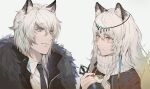  1boy 1girl animal_ear_fluff animal_ears arknights bell black_capelet black_coat black_necktie blue_eyes braid bright_pupils brother_and_sister capelet chinese_commentary closed_mouth coat commentary_request fingernails fur-trimmed_coat fur_trim hair_between_eyes holding holding_bell leopard_boy leopard_ears leopard_girl lino_chang long_hair looking_at_another medium_hair necktie pramanix_(arknights) shirt siblings silverash_(arknights) simple_background tiara turtleneck twin_braids upper_body white_background white_hair white_pupils white_shirt yellow_eyes 
