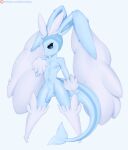  anthro balls blue_body blue_eyes eeveelution generation_1_pokemon generation_4_pokemon genitals gomicake hi_res humanoid_genitalia humanoid_penis looking_at_viewer lopunny male nintendo penis pokemon pokemon_(species) simple_background solo tail thick_tail vaporeon white_background 