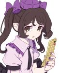  1girl absurdres bird_wings black_necktie black_wings blush brown_eyes brown_hair collared_shirt feathered_wings hat highres himekaidou_hatate holding holding_phone kame_(kamepan44231) long_hair necktie one-hour_drawing_challenge open_mouth phone purple_headwear purple_shirt shirt short_sleeves simple_background solo tokin_hat touhou twintails upper_body white_background wings 