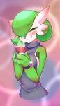  1girl =_= bangs bare_shoulders blurry blurry_background blush bob_cut bracelet breasts closed_eyes closed_mouth clothed_pokemon colored_skin commentary cropped_torso cup drink ear_blush english_commentary gardevoir green_hair green_skin grey_sweater hair_over_one_eye hands_up happy highres hitmanatee holding holding_cup holding_drink jewelry medium_breasts mega_stone multicolored_skin one_eye_covered own_hands_together pink_background poke_ball_theme pokemon pokemon_(creature) short_hair sideboob sleeveless sleeveless_sweater smile solo sweater two-tone_skin upper_body white_skin 
