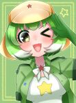  1girl bow bowtie elbow_gloves gloves green_eyes green_hair green_jacket hat highres hikarikmy jacket kemono_friends kemono_friends_3 keroro_(kemono_friends) looking_at_viewer multicolored_hair one_eye_closed open_mouth shirt short_hair simple_background solo star_(symbol) two-tone_hair white_hair 