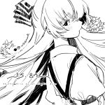  1girl bangs blush english_text floating_hair flower from_behind from_side fujiwara_no_mokou greyscale half_updo long_hair looking_at_viewer looking_back monochrome parted_lips profile puffy_sleeves ryokotyu sleeve_garter solo suspenders touhou twitter_logo twitter_username upper_body white_background 