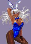  1girl :d animal_ears aqua_nails arm_behind_head armpits bangs bare_shoulders black_gloves breasts brown_thighhighs cleavage dark-skinned_female dark_skin fake_animal_ears gloves highres kumoi_takashi long_hair looking_at_viewer open_mouth original playboy_bunny purple_background purple_eyes rabbit_ears simple_background smile solo teeth thighhighs tongue white_background 