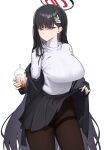  1girl bangs black_hair black_jacket black_pantyhose black_skirt blue_archive breasts clothes_lift hair_ornament hairclip halo highres holding jacket large_breasts long_hair long_sleeves looking_at_viewer pantyhose parted_lips pleated_skirt red_eyes rio_(blue_archive) skirt skirt_lift solo sweater thighband_pantyhose turtleneck turtleneck_sweater very_long_hair white_background white_sweater yzr_(yzr99) 