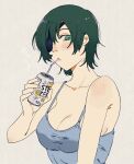  1girl absurdres breasts chainsaw_man cleavage drinking drinking_straw eyepatch green_eyes green_hair grey_background grey_camisole highres himeno_(chainsaw_man) looking_at_viewer medium_breasts momokan_(meloco) short_hair simple_background solo strong_zero 