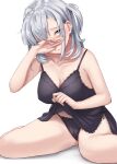  1girl absurdres ahoge black_panties blue_eyes blush breasts cleavage closed_mouth clothes_lift collarbone covered_nipples grey_hair highres kantai_collection kiritto lifted_by_self long_hair one_side_up panties simple_background solo suzutsuki_(kancolle) underwear white_background 