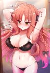  1girl :o absurdres ahoge armpits arms_behind_back bangs bare_arms black_bow black_bra black_panties black_ribbon blurry blurry_background blush bow bra braid breasts cleavage collarbone commentary_request covered_nipples curvy dracu-riot! eyelashes frilled_bra frills groin hair_bow hair_over_breasts hair_ribbon hair_strand hakutocake heart heart-shaped_pupils highres lace-trimmed_bra lace-trimmed_panties lace_trim large_breasts long_hair looking_at_mirror midriff mirror navel panties parted_bangs presenting_armpit red_hair ribbon sidelocks single_braid solo sweat symbol-shaped_pupils thighhighs translation_request underwear v-shaped_eyebrows very_long_hair wavy_hair yarai_miu yellow_eyes yuzu-soft 