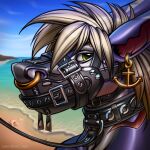  1:1 2023 ambiguous_gender anthro artist_name bdsm beach black_collar black_leash blonde_hair blue_sky bondage bound bust_portrait collar dated ear_piercing ear_ring eyebrow_piercing facial_piercing gills glistening glistening_eyes green_eyes hair leash looking_at_viewer muzzle_(object) muzzled nose_piercing nose_ring outside piercing portrait purple_body ring_piercing seaside septum_piercing septum_ring sky slash_freezen solo white_body 