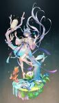  1girl antlers bangs bug butterfly creature dress fish floating full_body green_eyes grey_hair hands_up highres lantern long_hair looking_at_viewer luo_tianyi mushroom no_shoes parted_lips short_dress solo tidsean vocaloid vsinger 
