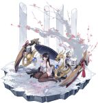 1girl absurdres artist_request azur_lane bangs bare_shoulders black_hair breasts china_dress chinese_clothes closed_mouth dress full_body gloves hair_ornament hand_up high_heels highres holding large_breasts long_hair looking_at_viewer machinery non-web_source official_art red_eyes sitting solo thighhighs thighs transparent_background turret turtleneck weapon white_dress wide_sleeves yat_sen_(azur_lane) 