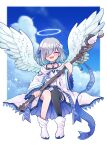  1girl :d angel_wings bangs black_thighhighs blue_choker blue_gemstone blue_ribbon blue_sky blush boots border chest_jewel choker closed_eyes clothing_cutout cloud cloudy_sky diagonal_bangs eyes_visible_through_hair flower full_body gem grey_hair hair_flower hair_ornament hair_ribbon halo head_tilt highres holding holding_staff hood hood_down hooded_kimono invisible_chair isuzu_ren japanese_clothes kimono long_bangs long_sleeves magia_record:_mahou_shoujo_madoka_magica_gaiden mahou_shoujo_madoka_magica medium_hair no_nose off_shoulder outside_border ribbon right-over-left_kimono sash shoulder_cutout single_thighhigh sitting sky sky_background smile solo spaghetti_strap sparkle staff straight-on takenoko_mgrc thighhighs thighhighs_under_boots two-sided_fabric white_border white_flower white_footwear white_kimono white_sash wings 