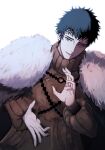  1boy bangs black_clover black_hair black_straps brown_robe cape collared_robe facial_mark forehead_mark fur_cape grey_eyes highres ikecchi_(hayato_moon) long_sleeves lucius_zogratis male_focus parted_lips robe short_hair simple_background smile solo spiked_hair white_background white_fur 