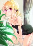  1girl amane_lily azuma_sawayoshi bangs bedroom between_legs black_camisole black_scrunchie blonde_hair breasts camisole collarbone curtains glasses hair_ornament hair_scrunchie hand_between_legs highres indoors kneeling leaf light_particles long_hair looking_at_viewer official_art on_bed oroka_na_tenshi_wa_akuma_to_odoru parted_lips purple-framed_eyewear red_eyes scrunchie small_breasts solo strap_slip window 