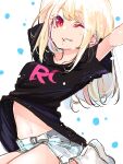  1girl amane_lily arms_up azuma_sawayoshi bangs black_shirt blonde_hair clenched_teeth clothes_lift collarbone highres long_hair looking_at_viewer midriff navel official_art one_eye_closed oroka_na_tenshi_wa_akuma_to_odoru shirt shirt_lift shoes short_sleeves shorts sitting smile solo stomach teeth white_background white_footwear white_shorts 