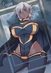  1girl artist_name black_cape breasts brown_eyes butter_sugoi cape character_name commentary dark-skinned_female dark_skin earrings from_below grey_hair groin hand_on_hip hand_on_own_thigh highres hip_vent jewelry large_breasts marvel o-ring pink_lips short_hair solo storm_(x-men) very_dark_skin x-men 