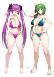  2girls arm_up artist_name ass_visible_through_thighs bangs barefoot beatmania beatmania_iidx bikini breasts character_request cleavage closed_mouth collarbone covered_nipples feet full_body green_eyes green_hair hair_between_eyes hair_ornament hand_on_hip hand_up large_breasts legs long_hair looking_at_viewer micro_bikini multiple_girls navel onomeshin paid_reward_available purple_eyes purple_hair side_ponytail simple_background smile standing star_(symbol) star_hair_ornament stomach sweat swimsuit toenails toes twintails very_long_hair white_background 