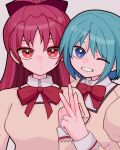  2girls blue_eyes blue_hair bow hair_bow highres keropiki long_hair mahou_shoujo_madoka_magica miki_sayaka multiple_girls one_eye_closed ponytail red_eyes red_hair ribbon sakura_kyouko school_uniform short_hair smile v white_background 