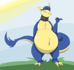  ambiguous_gender anthro belly big_belly big_tail blue_body blue_fur collar fur generation_2_pokemon hi_res krona999 looking_at_viewer navel nintendo pokemon pokemon_(species) red_eyes simple_background solo spiked_collar spikes tail tail_tuft teeth tuft typhlosion yellow_body yellow_fur 
