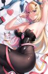  1girl absurdres animal_ears armpits belt black_pantyhose blonde_hair breasts dobure18 fake_animal_ears hair_ornament hairclip highres kotoka_torahime large_breasts leotard long_hair looking_at_viewer lying multicolored_hair necktie nijisanji nijisanji_en nintendo_switch on_side pantyhose parted_lips pink_hair playboy_bunny purple_eyes rabbit_ears ribbon solo virtual_youtuber wrist_cuffs x_hair_ornament 