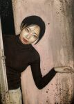 1girl acrylic_paint_(medium) black_hair black_sweater chain commentary_request cowboy_shot door grey_eyes hand_up highres looking_at_viewer open_door original painting_(medium) peeking_out realistic satou_t short_hair solo sweater traditional_media turtleneck turtleneck_sweater 