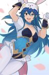 1girl :d animal_ears blue_eyes blue_hair choker collarbone dutch_angle fake_animal_ears fire_emblem fire_emblem_awakening fire_emblem_heroes frilled_choker frills gloves gold_trim highres leotard looking_at_viewer lucina_(fire_emblem) lucina_(spring)_(fire_emblem) microskirt official_alternate_costume pantyhose puffy_short_sleeves puffy_sleeves rabbit_ears see-through short_sleeves skirt smgold smile solo underbust white_gloves 