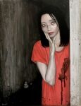  1girl acrylic_paint_(medium) black_hair commentary_request expressionless grey_eyes hallway hand_on_own_face highres medium_hair original painting_(medium) realistic red_shirt rock satou_t shirt solo stain stained_clothes t-shirt traditional_media upper_body 