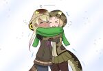  &gt;_&lt; 2girls african_rock_python_(kemono_friends) arms_around_back bangs blonde_hair blush brown_hair cheek-to-cheek closed_mouth cold commentary_request cowboy_shot dark-skinned_female dark_skin expressive_clothes gloves heads_together hood hood_up hug jacket kemono_friends king_cobra_(kemono_friends) leggings light_brown_hair long_hair long_sleeves miniskirt multiple_girls necktie nose_blush open_mouth pantyhose pink_hair pleated_skirt scarf shared_clothes shared_scarf skirt snake_tail snot snowing suiuusuiu tail tearing_up trembling two_side_up 