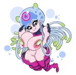  2022 animal_humanoid areola bandai_namco big_breasts breasts cnidarian cnidarian_humanoid digimon digimon_(species) fangs featureless_crotch female glubtastic hi_res huge_breasts humanoid humanoid_pointy_ears jellyfish_humanoid jellymon marine marine_humanoid medusozoan medusozoan_humanoid pink_body short_stack signature smile solo teeth tentacles text thick_thighs 