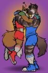  absurd_res anthro bottomwear canid canine clothing duo embrace fetishame footwear forehead_kiss fox gym_clothing hi_res hug hyena male male/male mammal shoes shorts sneakers striped_hyena wristband 