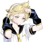  1boy arms_up bangs black_sleeves blonde_hair blue_eyes blush closed_mouth collarbone commentary_request detached_sleeves fingernails flying_sweatdrops hands_up headphones kagamine_len long_sleeves looking_at_viewer male_focus musical_note musical_note_print nail_polish naoko_(naonocoto) necktie ponytail puffy_short_sleeves puffy_sleeves sailor_collar shirt short_hair short_ponytail short_sleeves simple_background solo throat_microphone upper_body v-shaped_eyebrows vocaloid white_background white_shirt wide_sleeves yellow_nails yellow_necktie 