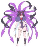  1girl belt closed_mouth contrapposto copyright_request enkyo_yuuichirou flat_chest full_body fur_collar highres leotard long_hair looking_at_viewer purple_hair purple_leotard red_eyes simple_background solo standing tentacle_hair thigh_belt thigh_strap very_long_hair white_background 