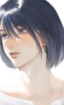  1boy blue_eyes blue_hair crystal_earrings earrings eyelashes highres howl_(howl_no_ugoku_shiro) howl_no_ugoku_shiro jewelry lips looking_away male_focus necklace parted_lips portrait short_hair simple_background sira_julyspring solo white_background 