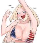  1girl american_flag american_flag_print bangs bare_arms bare_shoulders bikini blonde_hair blue_eyes blush bouncing_breasts breasts cleavage collarbone commentary english_text flag_print large_breasts long_hair ohasi open_mouth original parted_bangs raised_fist shiny_skin solo striped_bodysuit sweat swimsuit symbol-only_commentary upper_body 