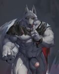  2023 4_fingers abs absurd_res anthro balls canid canine canis claws death_(puss_in_boots) digital_media_(artwork) fingers foooooxes fur genitals grey_body grey_fur hi_res looking_at_viewer male mammal muscular muscular_anthro muscular_male nipple_piercing nipples obliques pecs penis piercing pubes puss_in_boots_the_last_wish serratus simple_background solo wolf 