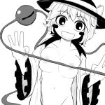  1girl :d bangs black_eyes black_headwear blouse blush_stickers bow breasts buttons camp_of_hunger collarbone diamond_button eyeball frilled_sleeves frills greyscale groin hat hat_bow hat_ribbon komeiji_koishi long_sleeves looking_at_viewer medium_breasts monochrome navel nude open_clothes open_mouth open_shirt ribbon shirt short_hair simple_background smile solo third_eye touhou upper_body wavy_hair white_background wide_sleeves 