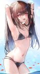  1girl :d absurdres alternate_costume arched_back armpits arms_up bikini black_bikini breasts brown_hair collarbone falling_petals fang flower-shaped_pupils genshin_impact highres hu_tao_(genshin_impact) lemontea_(ekvr5838) long_hair looking_at_viewer navel outdoors partially_submerged petals red_eyes skin_fang small_breasts smile solo swimsuit symbol-shaped_pupils twintails water wet 