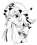  1girl ;) bangs closed_mouth frilled_kimono frills hat heart high_contrast japanese_clothes kapuchii kimono long_sleeves looking_at_viewer mob_cap monochrome one_eye_closed saigyouji_yuyuko short_hair simple_background smile solo touhou triangular_headpiece upper_body 