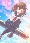  1girl anchor_symbol black_sailor_collar black_skirt black_thighhighs blue_sky brown_eyes brown_hair commentary_request hair_ornament hairclip ikazuchi_(kancolle) kantai_collection kaori_(mamuru18) making-of_available one-hour_drawing_challenge pink_clouds pleated_skirt sailor_collar school_uniform serafuku short_hair sitting skirt sky smile solo splashing thighhighs torpedo upper_body water 