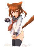  1girl animal_ears black_thighhighs brown_eyes brown_hair cat_ears cat_tail clothes_pull commentary_request cowboy_shot fang hair_ornament hairclip ikazuchi_(kancolle) kantai_collection mixed-language_commentary neckerchief no_pants ray.s red_neckerchief school_uniform serafuku shirt_pull short_hair simple_background skin_fang sleeves_past_wrists solo tail thighhighs white_background 
