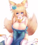  1girl akiyama_neo animal_ear_fluff animal_ears azur_lane bell blue_kimono blush boots breasts collarbone covered_nipples embarrassed flower fox_ears fox_tail fur_collar hair_flower hair_ornament japanese_clothes jingle_bell kimono kimono_pull kitsune long_hair long_sleeves looking_at_viewer medium_breasts multiple_tails niizuki_(azur_lane) simple_background sitting solo tail thick_eyebrows thigh_boots wariza white_background wide_sleeves 