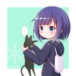  ... 1girl animal backpack bag bangs black_cat black_jacket blue_eyes blue_hair blush cat commentary_request faceless fuiba_fuyu gochuumon_wa_usagi_desu_ka? goth_risuto green_background hair_ornament hairclip holding holding_animal hood hood_down hooded_jacket jacket long_sleeves looking_at_viewer looking_to_the_side solo spoken_ellipsis twitter_username two-tone_background white_background 