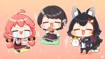  3girls animal_ears black_hair chibi closed_eyes cookie crying food highres hololive multicolored_hair multiple_girls noname_(metaldragonfly) ookami_mio oozora_subaru open_mouth pink_hair red_hair sakura_miko short_hair streaked_hair tail tea virtual_youtuber wolf_ears wolf_girl wolf_tail 