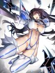  1girl absurdres bare_hips black_hair blue_eyes breasts cameltoe cleavage covered_nipples floating_hair from_below highres jinlin jumping junketsu kill_la_kill kiryuuin_satsuki large_breasts long_hair looking_at_viewer navel open_mouth revealing_clothes shrug_(clothing) solo sword thick_eyebrows thighhighs weapon 
