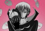  1boy ascot cape closed_mouth code_geass commentary_request expressionless greyscale_with_colored_background hair_between_eyes hand_up high_collar highres holding holding_mask lelouch_lamperouge looking_at_viewer male_focus mask mask_removed monochrome okuseric one_eye_covered short_hair solo straight-on upper_body zero_(code_geass) 